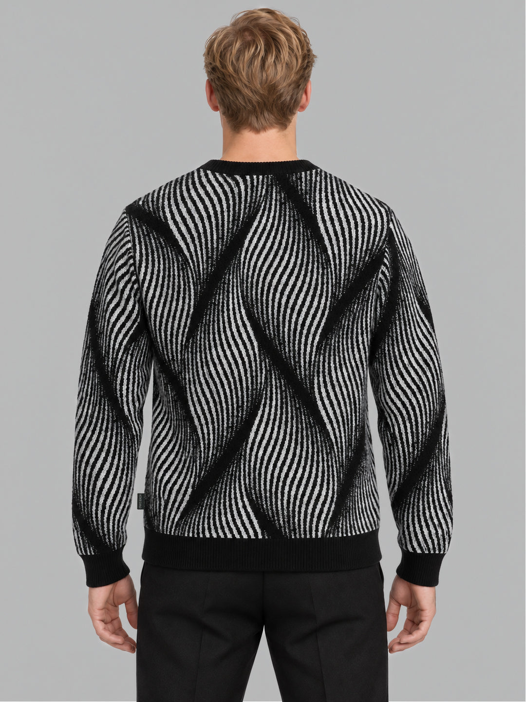 Men Black Self Design Round Neck Full Sleeve Pullover