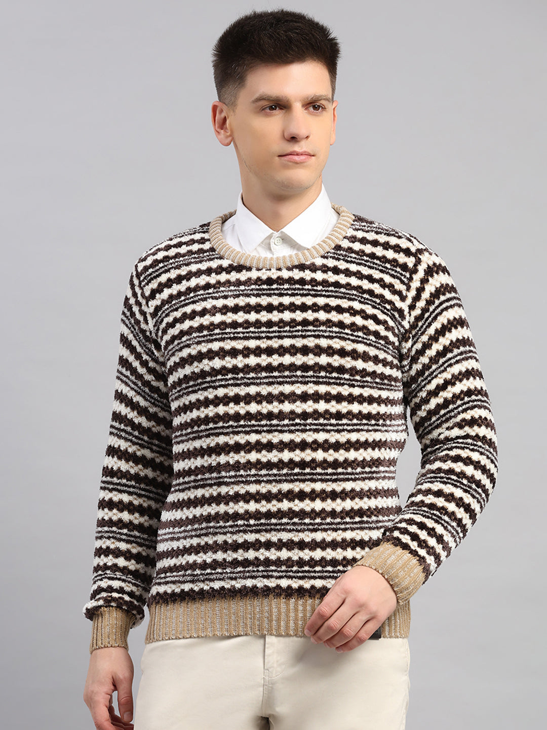 Men Beige Printed Round Neck Full Sleeve Pullover