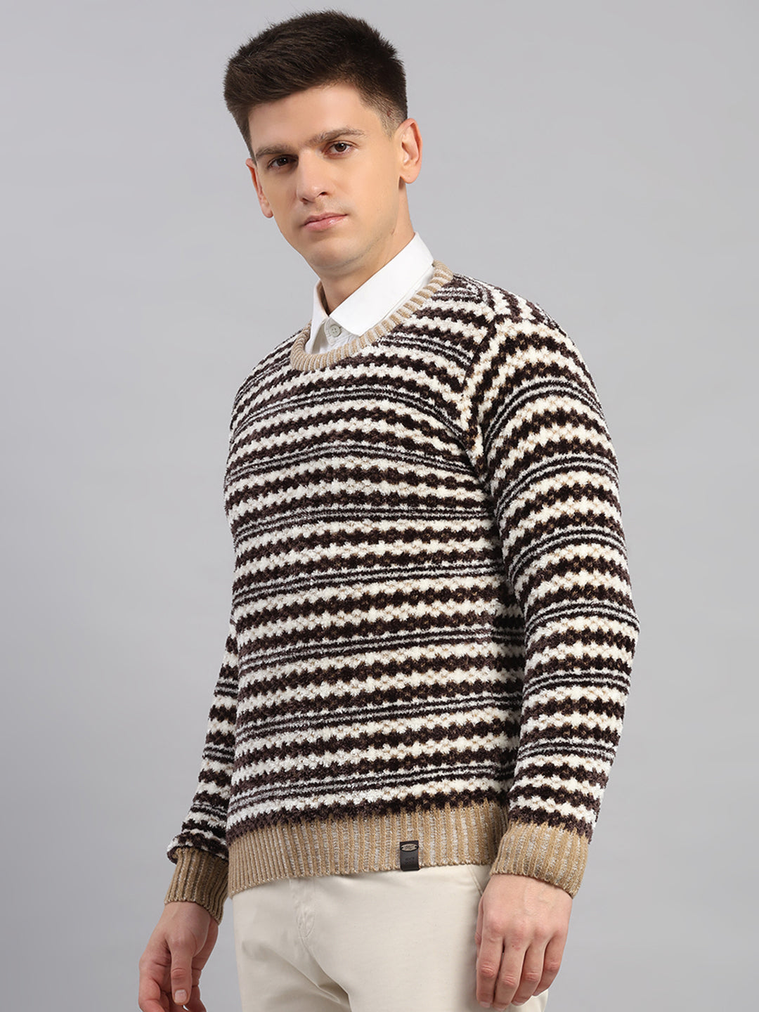 Men Beige Printed Round Neck Full Sleeve Pullover