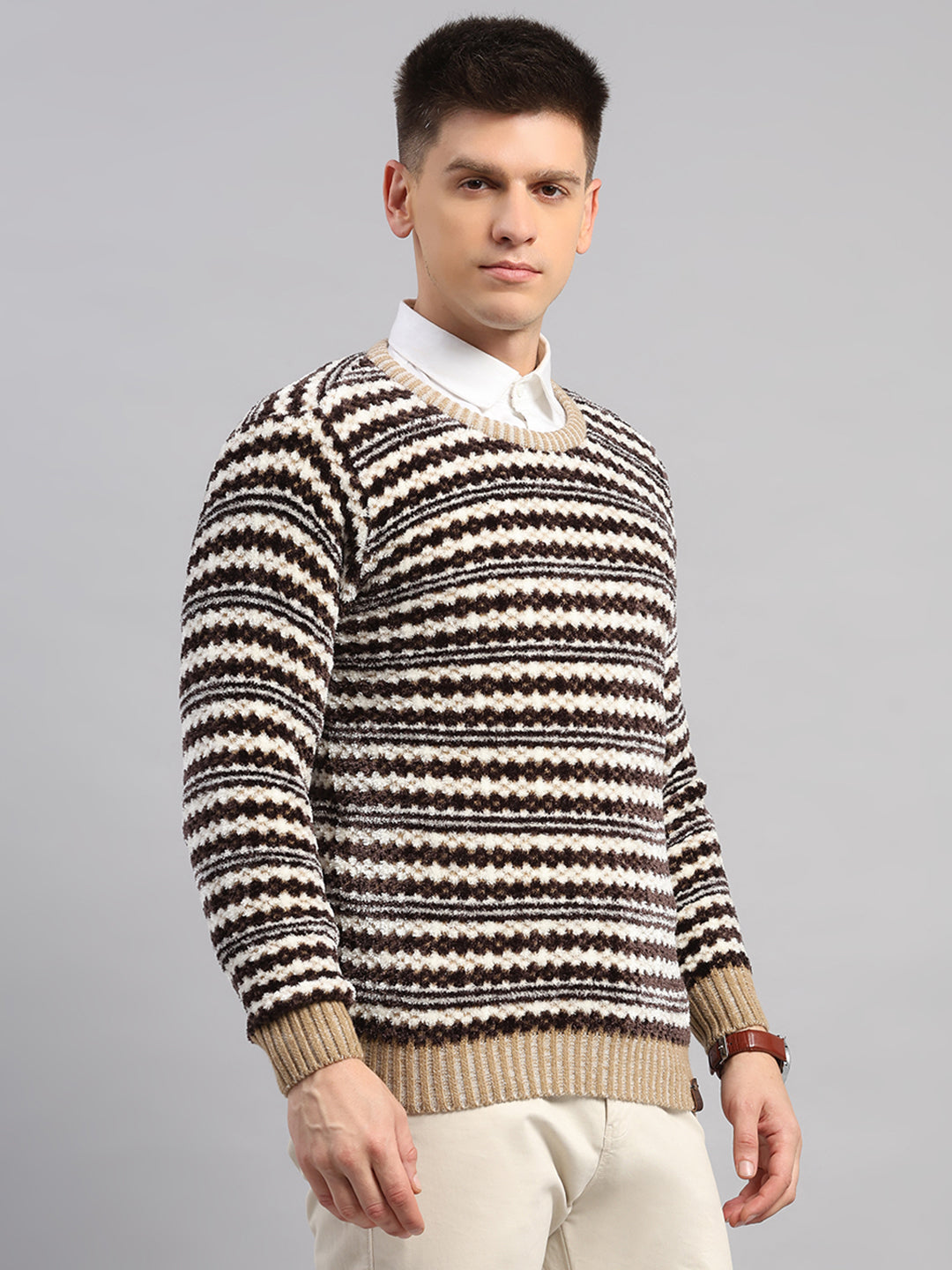 Men Beige Printed Round Neck Full Sleeve Pullover