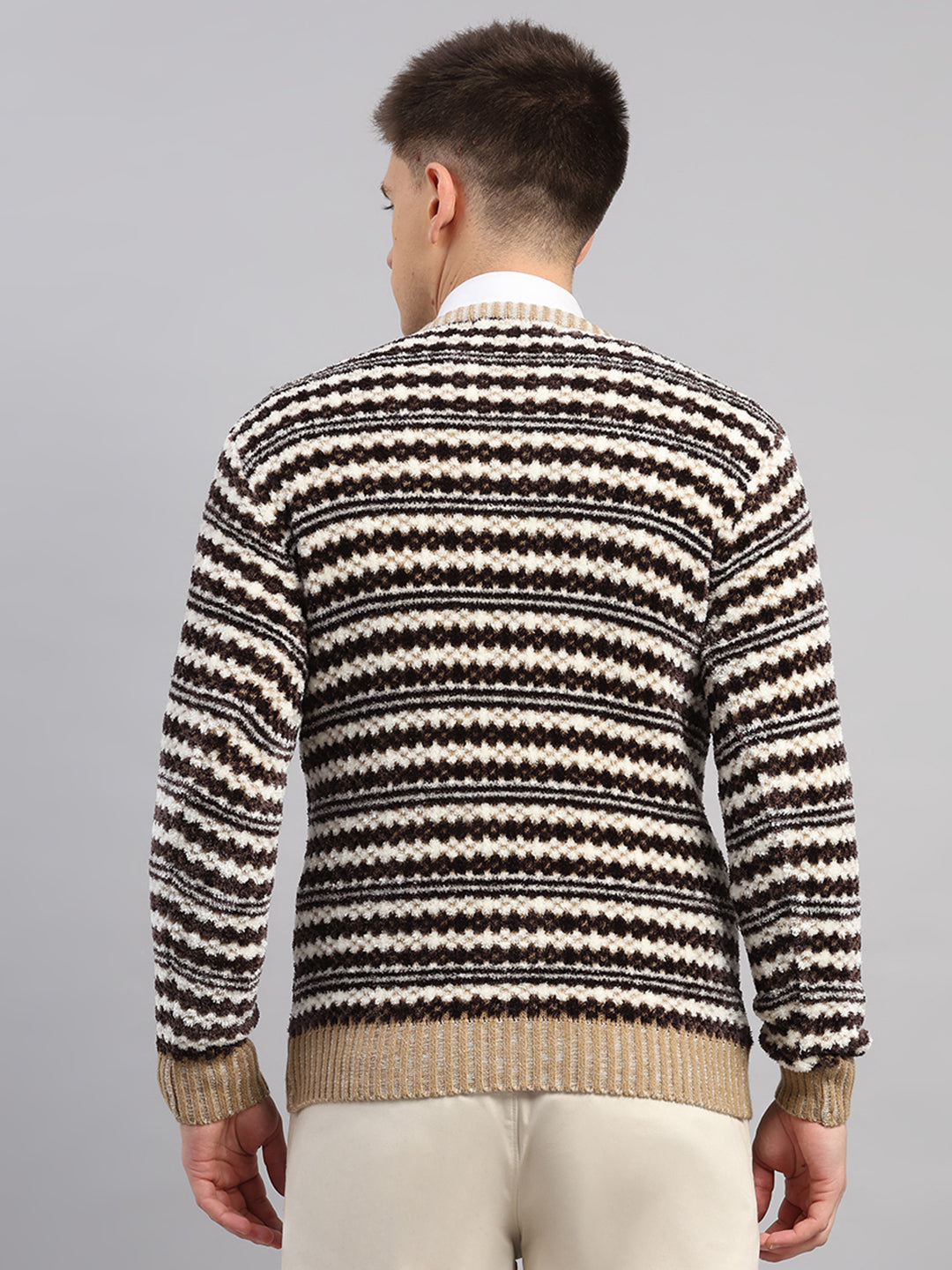 Men Beige Printed Round Neck Full Sleeve Pullover