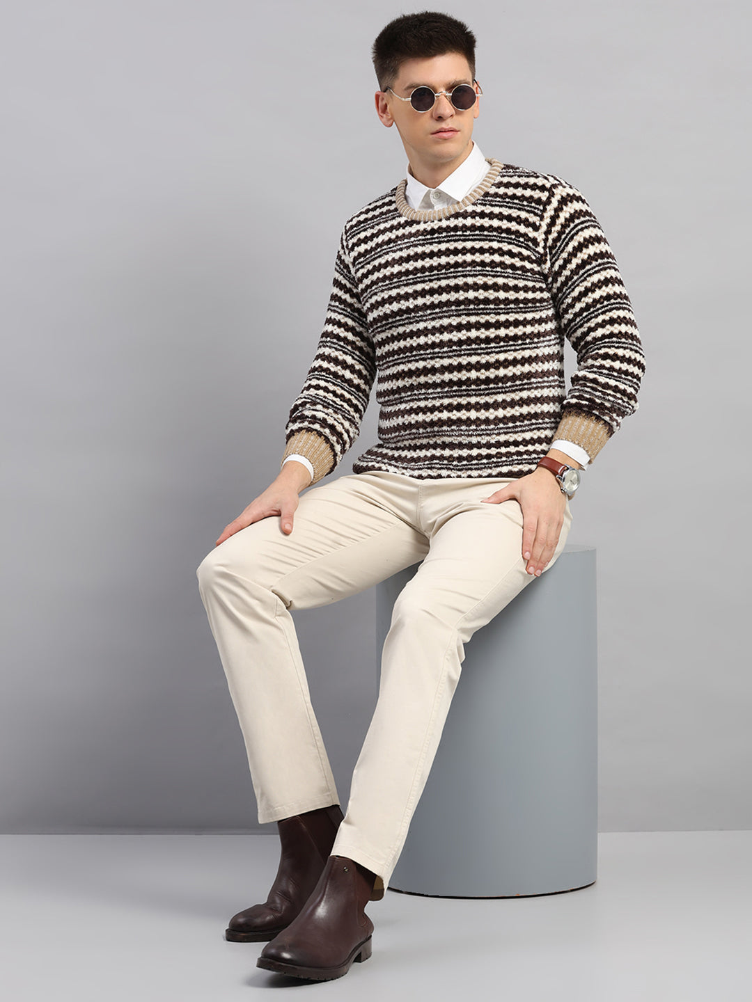 Men Beige Printed Round Neck Full Sleeve Pullover