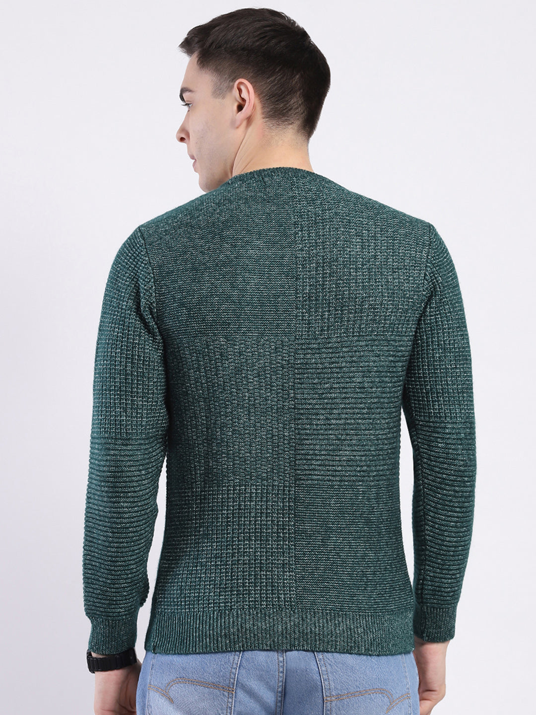 Men Green Self Design Round Neck Full Sleeve Pullover
