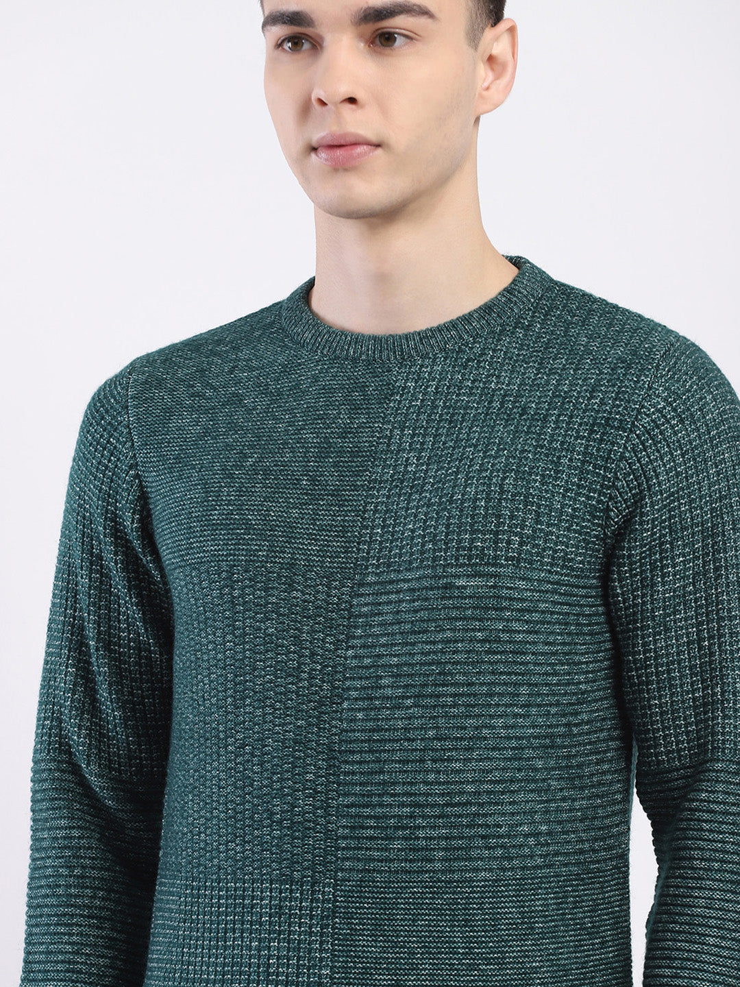 Men Green Self Design Round Neck Full Sleeve Pullover