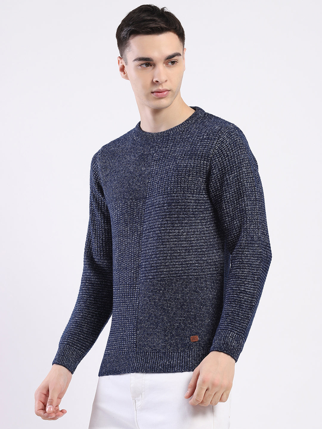 Men Blue Self Design Round Neck Full Sleeve Pullover