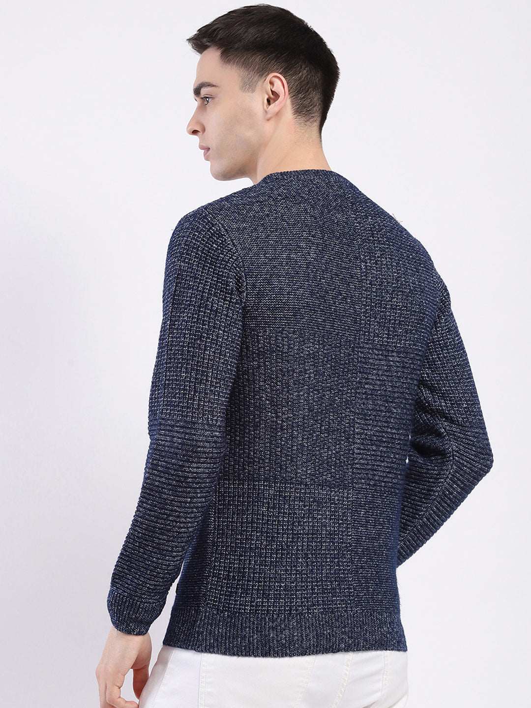 Men Blue Self Design Round Neck Full Sleeve Pullover