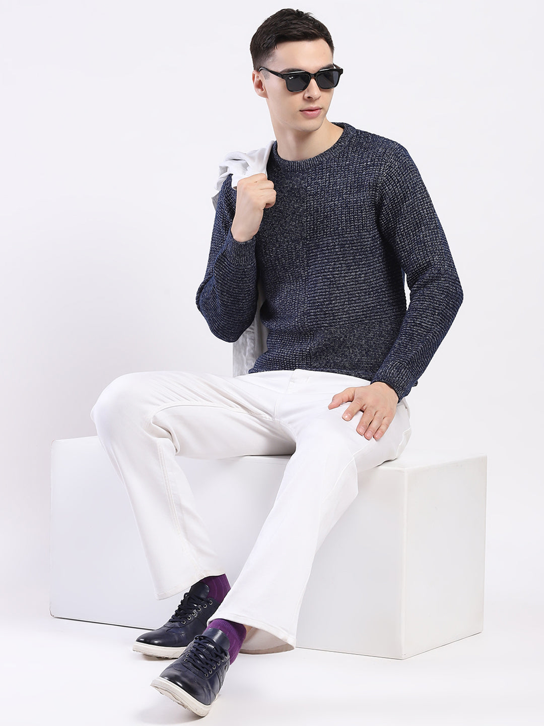Men Blue Self Design Round Neck Full Sleeve Pullover