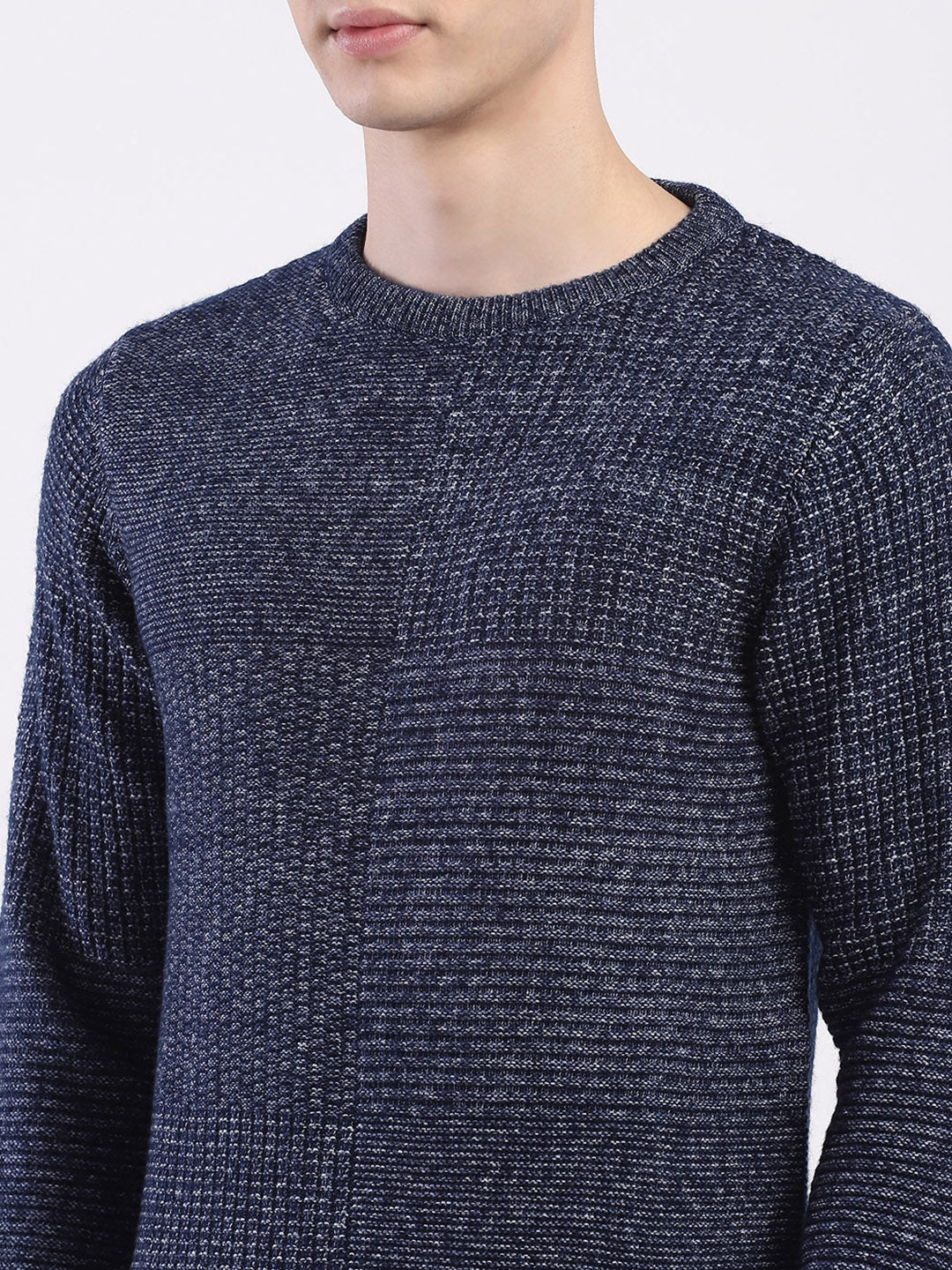 Men Blue Self Design Round Neck Full Sleeve Pullover
