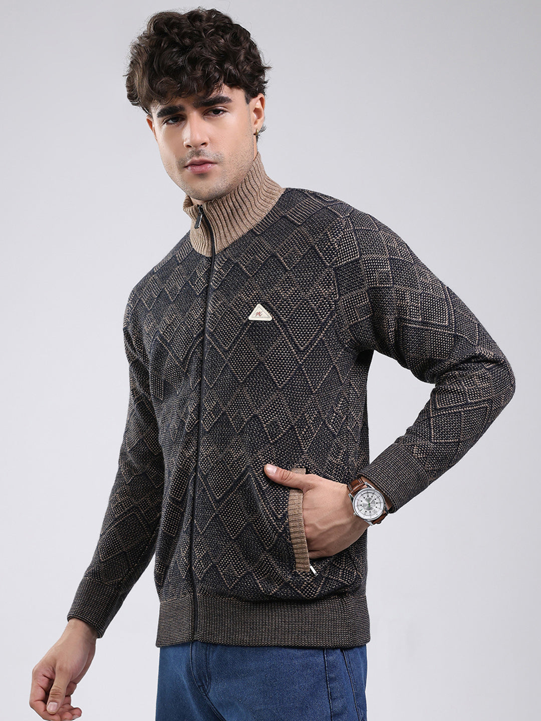 Men Navy Blue Self Design Mock Neck Full Sleeve Jacket