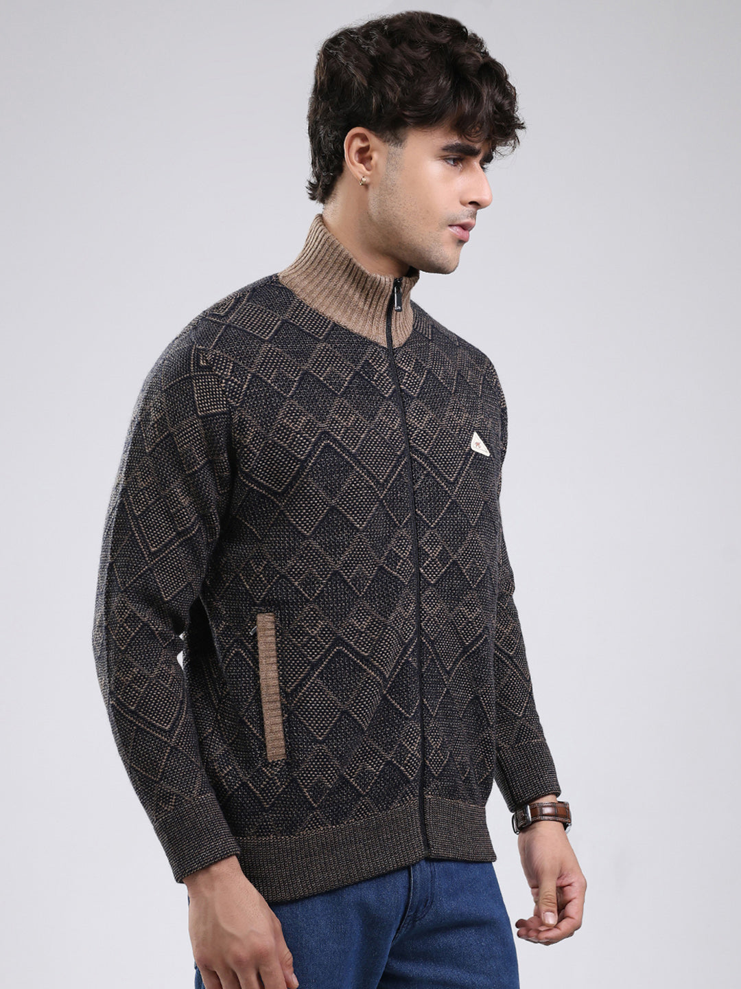 Men Navy Blue Self Design Mock Neck Full Sleeve Jacket