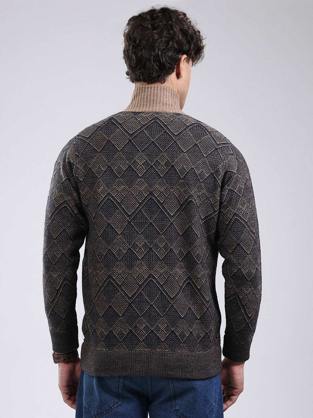 Men Navy Blue Self Design Mock Neck Full Sleeve Jacket