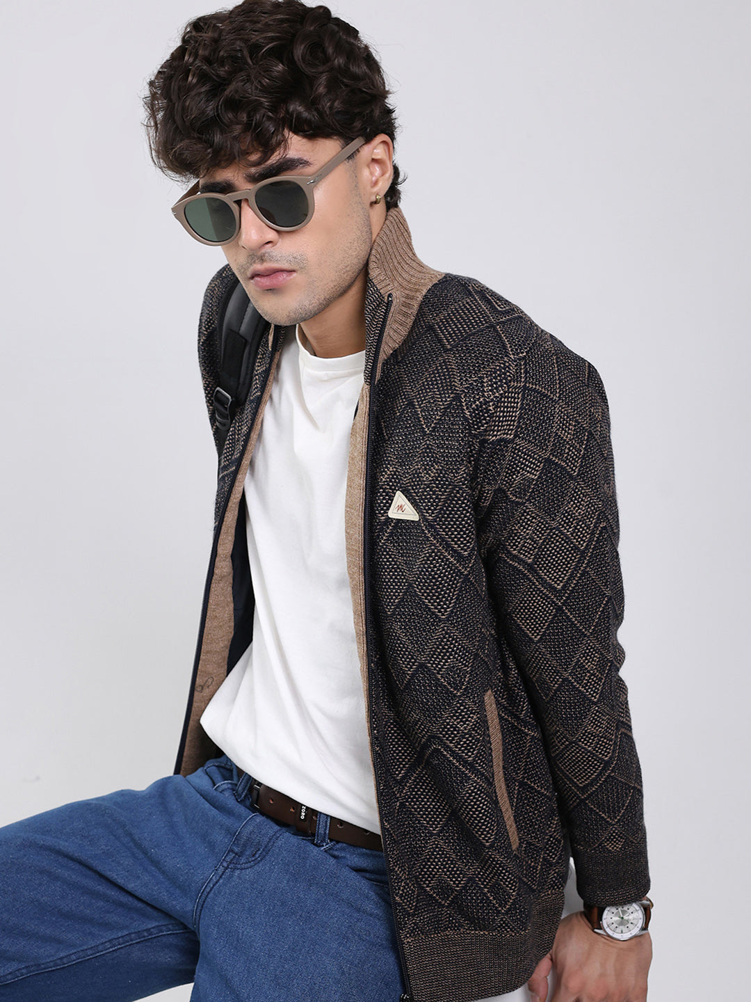 Men Navy Blue Self Design Mock Neck Full Sleeve Jacket