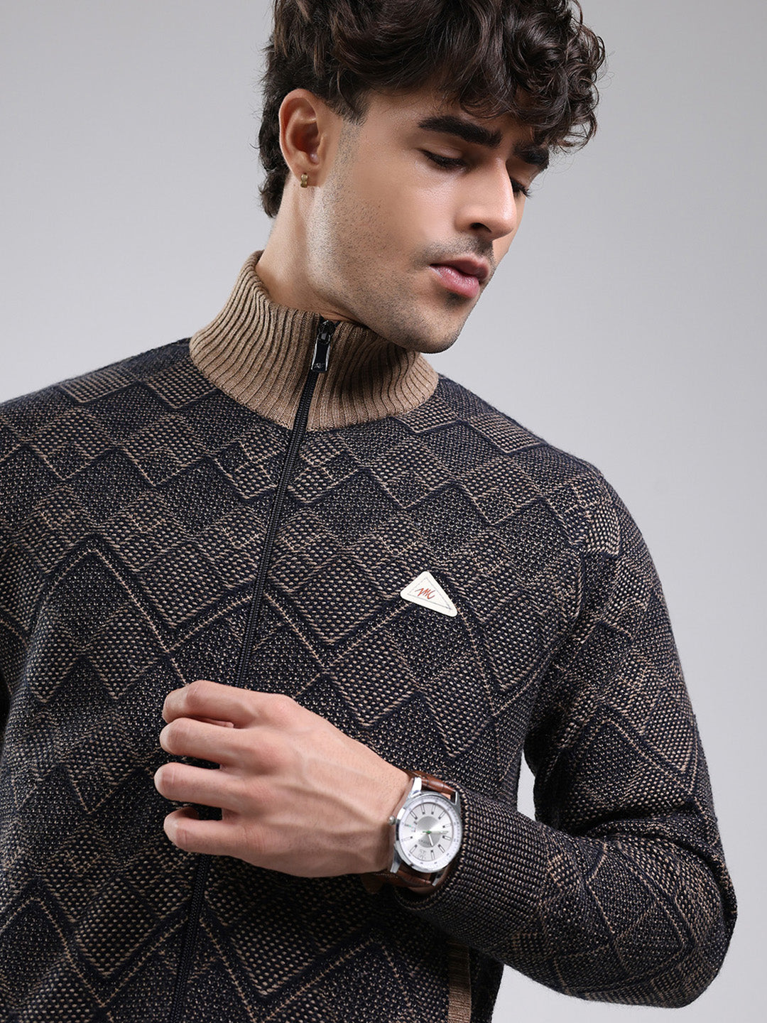 Men Navy Blue Self Design Mock Neck Full Sleeve Jacket