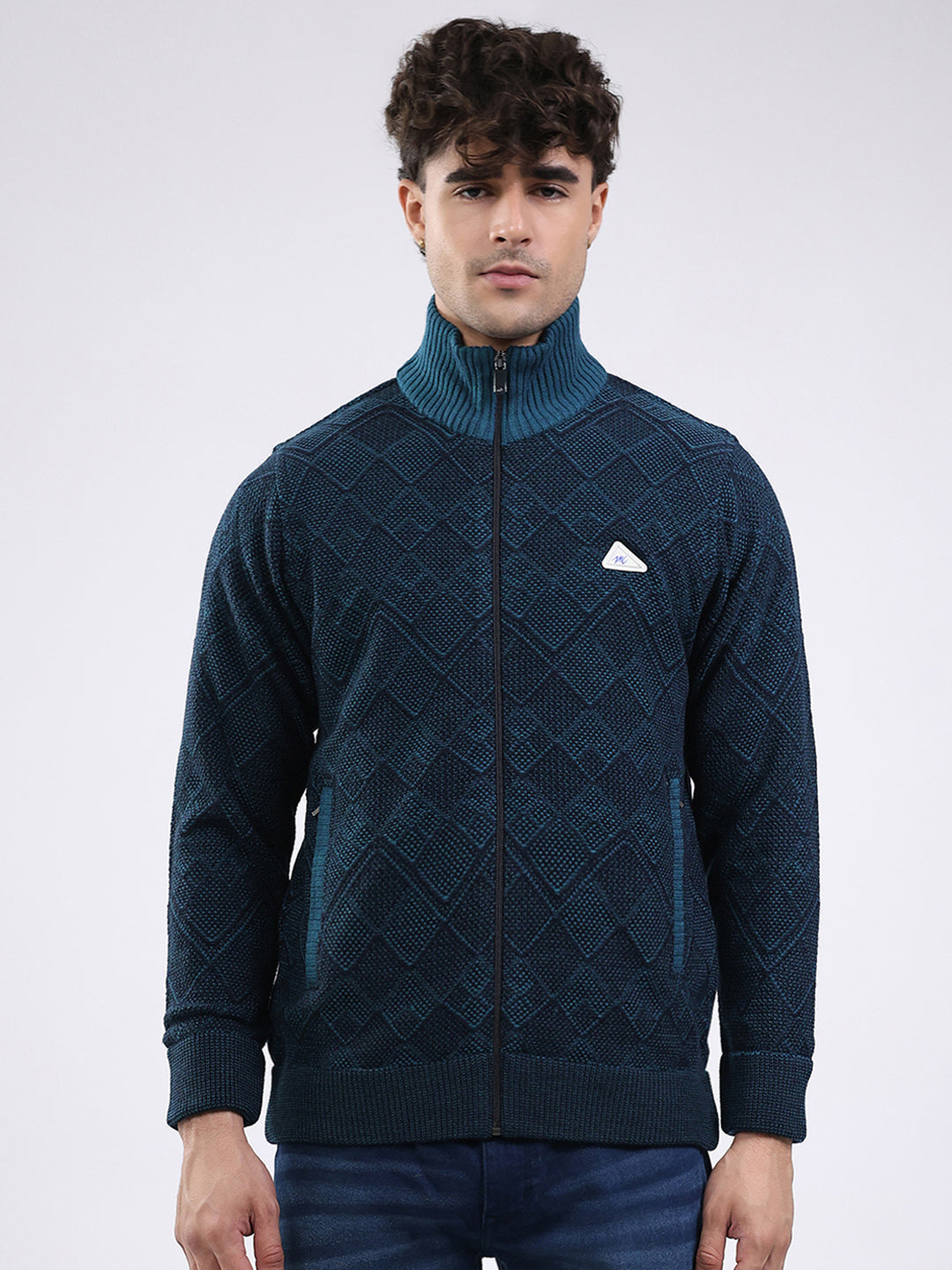 Men Blue Self Design Mock Neck Full Sleeve Jacket