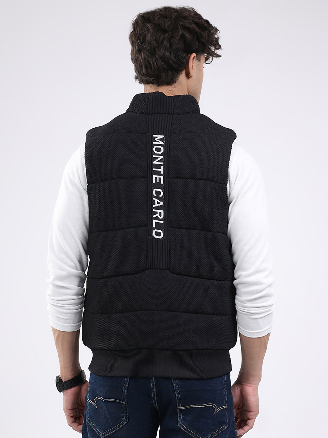Men Black Solid Mock Neck Sleeveless Jacket