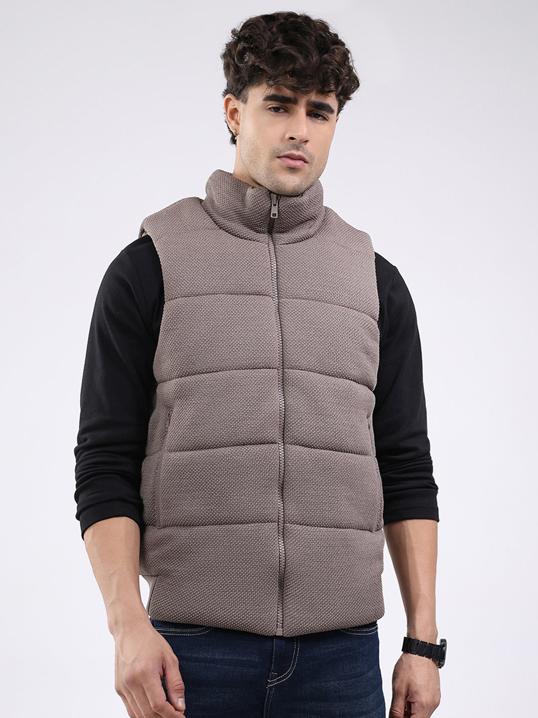 Men Brown Solid Mock Neck Sleeveless Jacket