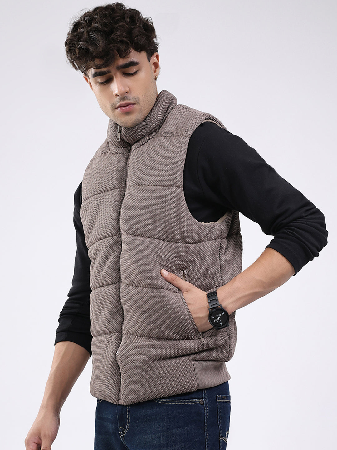 Men Brown Solid Mock Neck Sleeveless Jacket