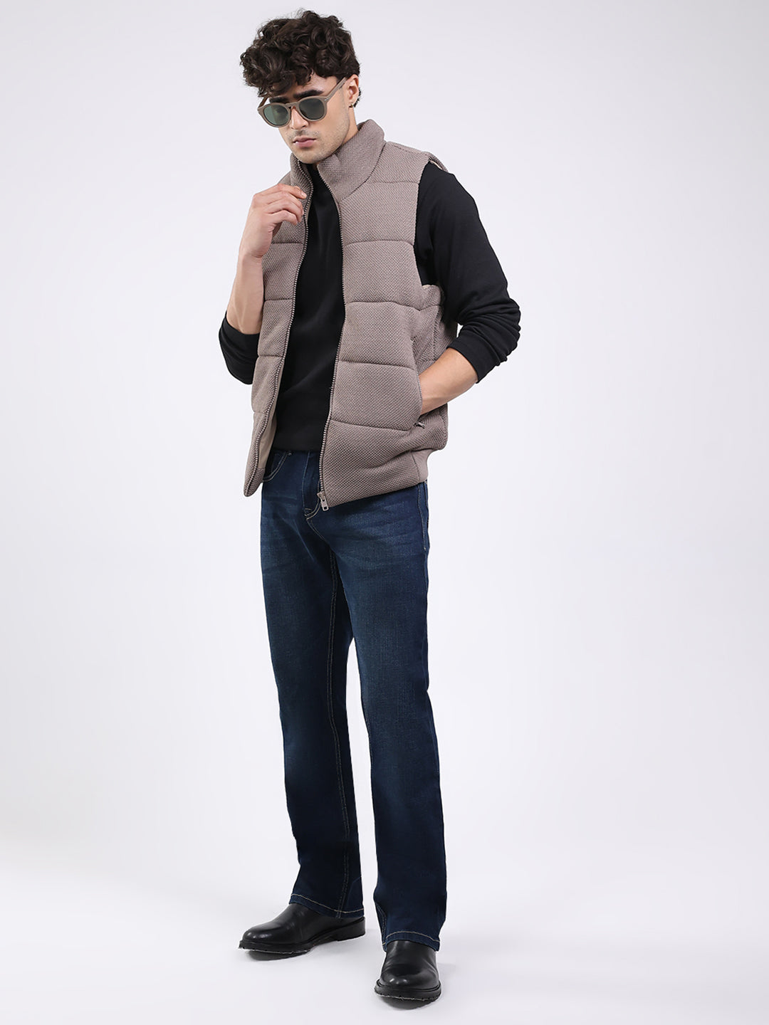 Men Brown Solid Mock Neck Sleeveless Jacket
