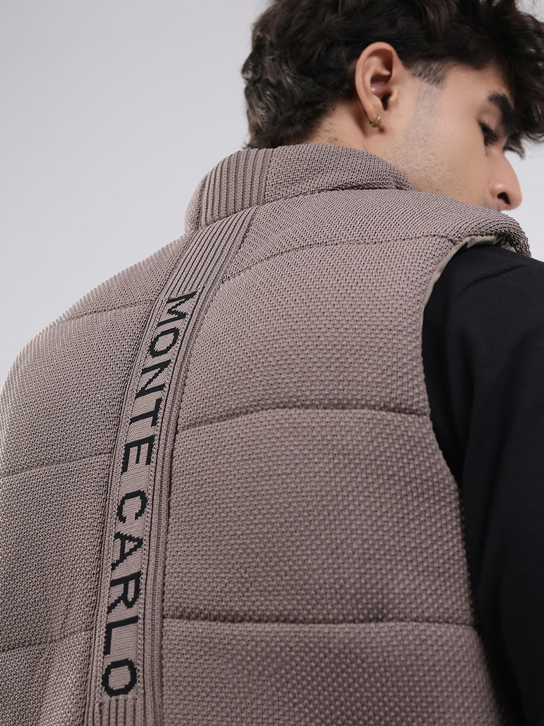 Men Brown Solid Mock Neck Sleeveless Jacket
