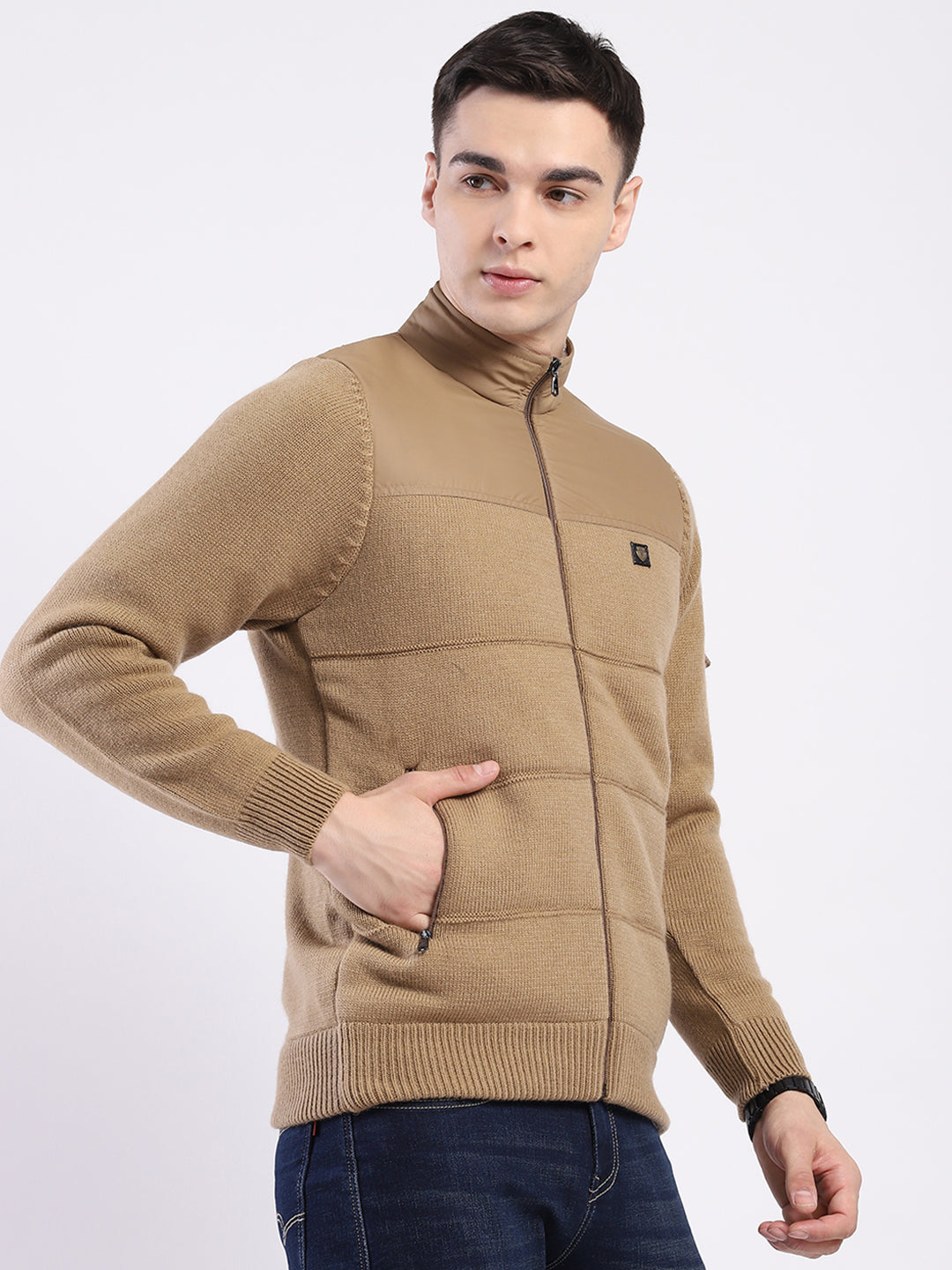 Men Khaki Self Design Mock Neck Full Sleeve Jacket