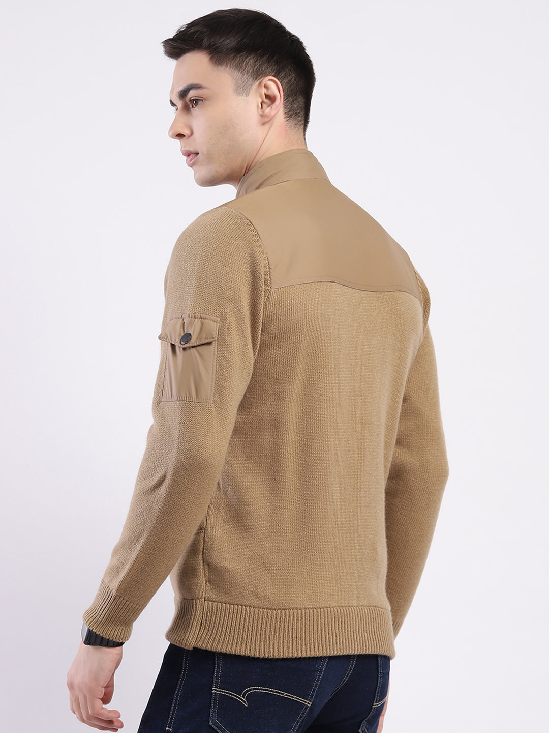 Men Khaki Self Design Mock Neck Full Sleeve Jacket