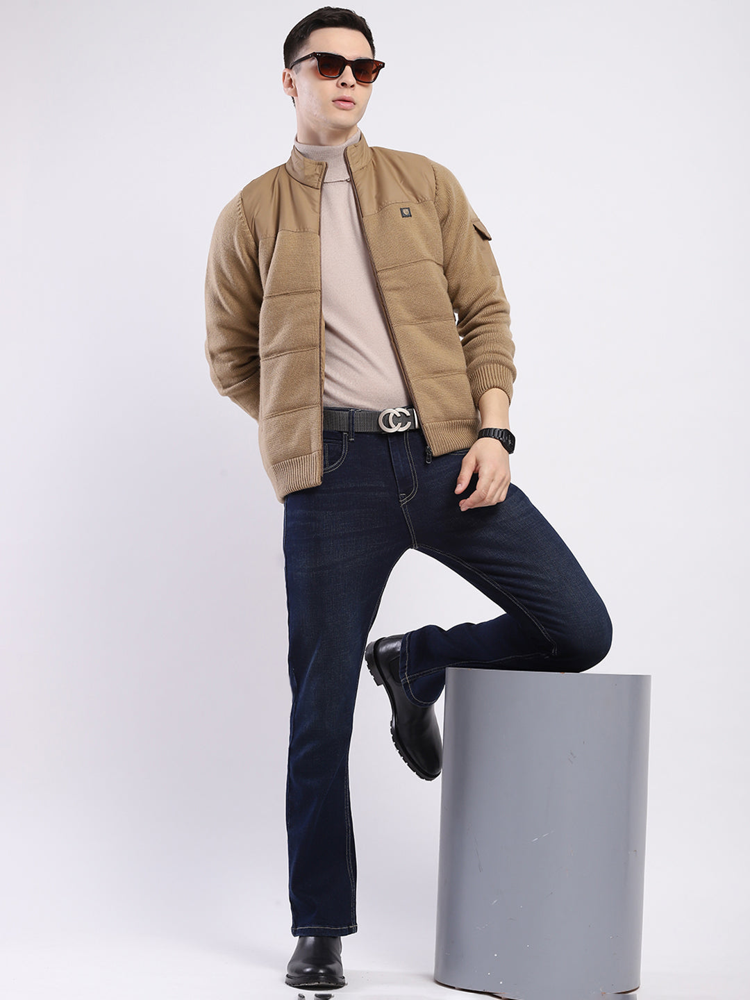 Men Khaki Self Design Mock Neck Full Sleeve Jacket