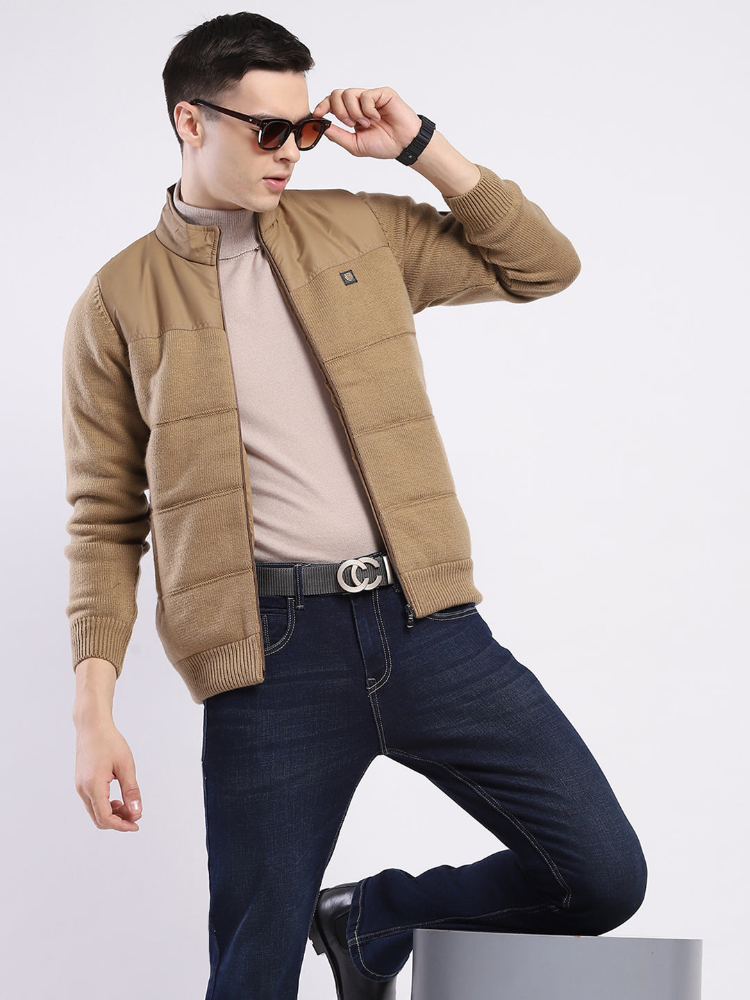 Men Khaki Self Design Mock Neck Full Sleeve Jacket