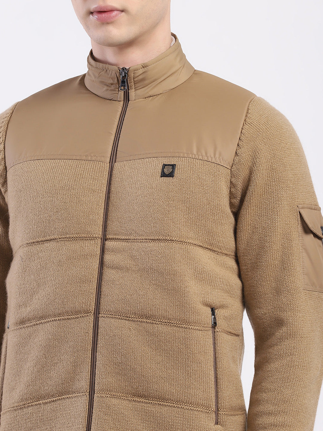 Men Khaki Self Design Mock Neck Full Sleeve Jacket