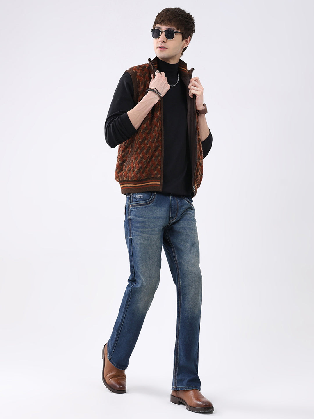 Men Brown Self Design Mock Neck Sleeveless Jacket