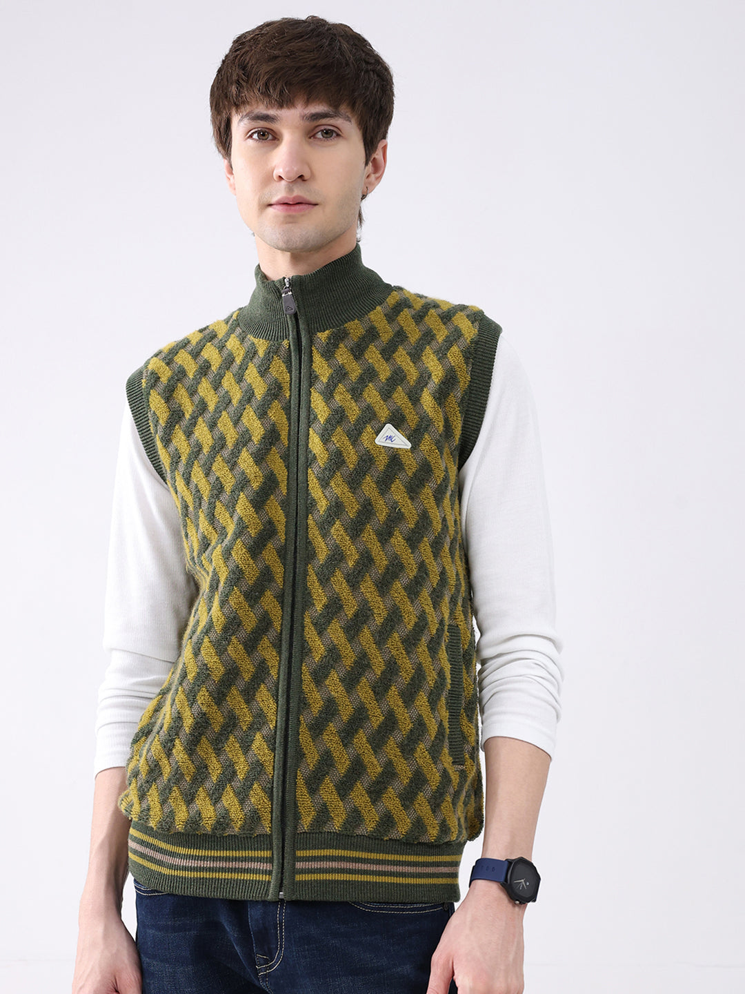 Men Green Self Design Mock Neck Sleeveless Jacket