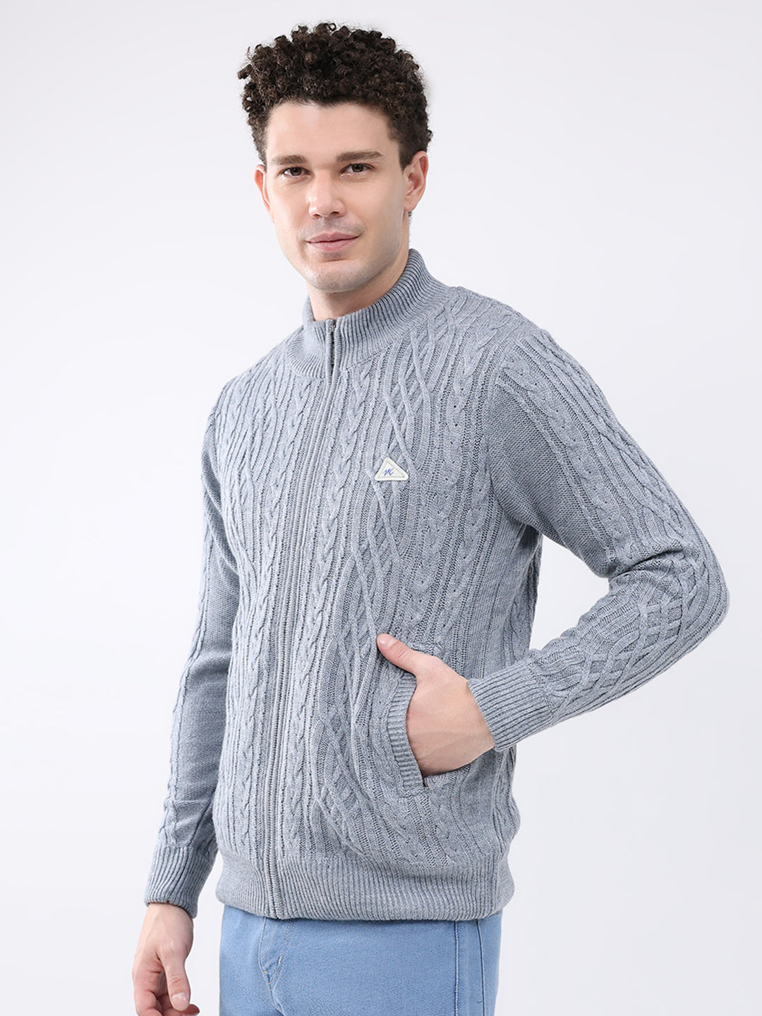 Men Grey Self Design Mock Neck Full Sleeve Jacket