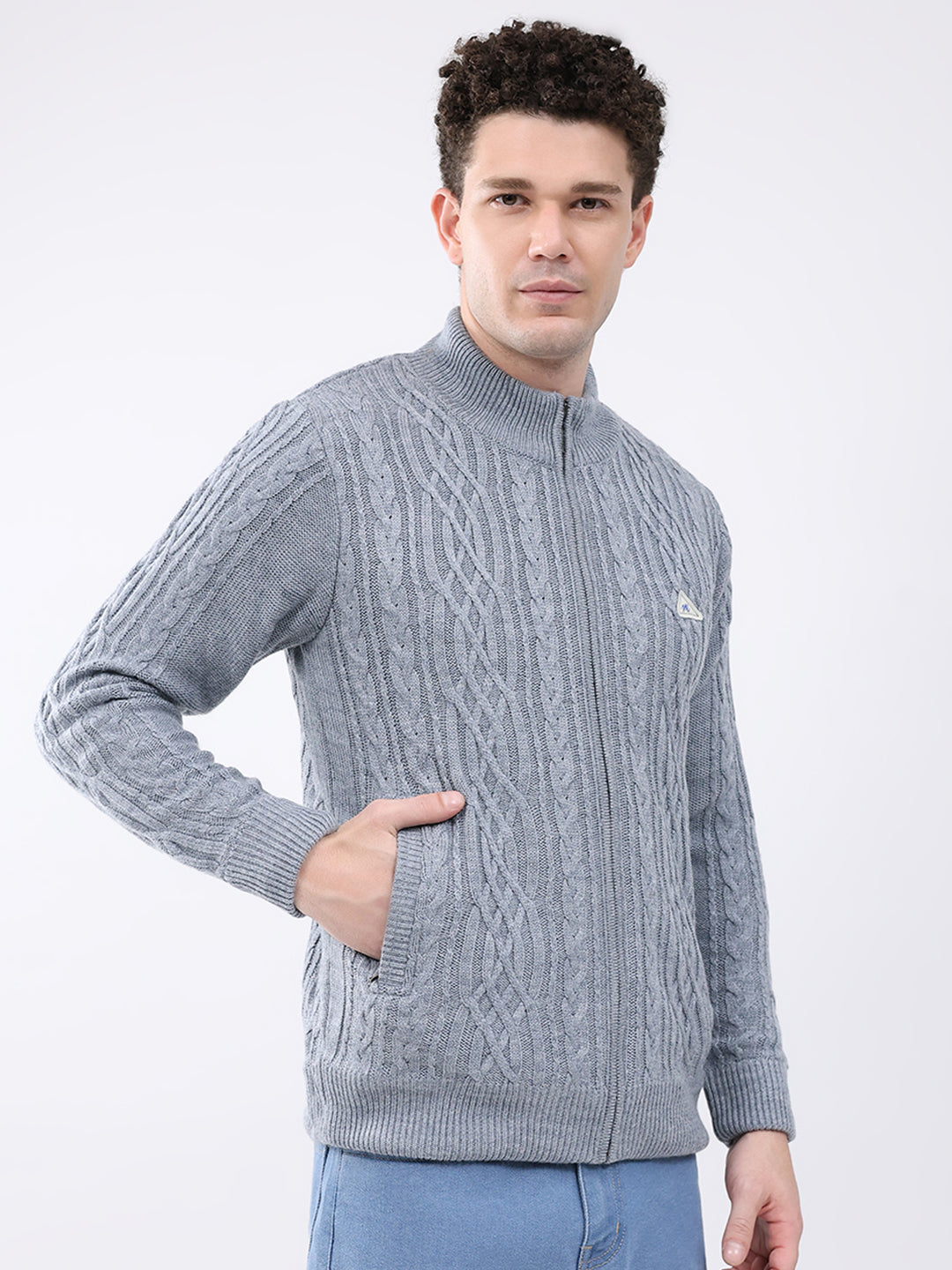 Men Grey Self Design Mock Neck Full Sleeve Jacket