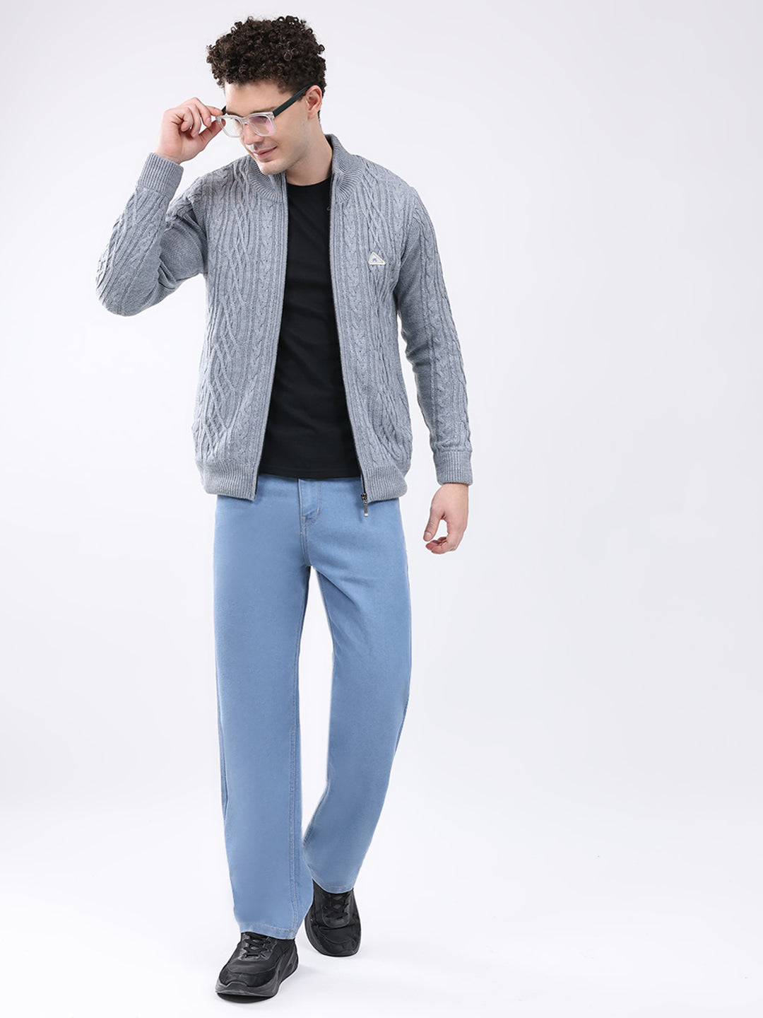 Men Grey Self Design Mock Neck Full Sleeve Jacket