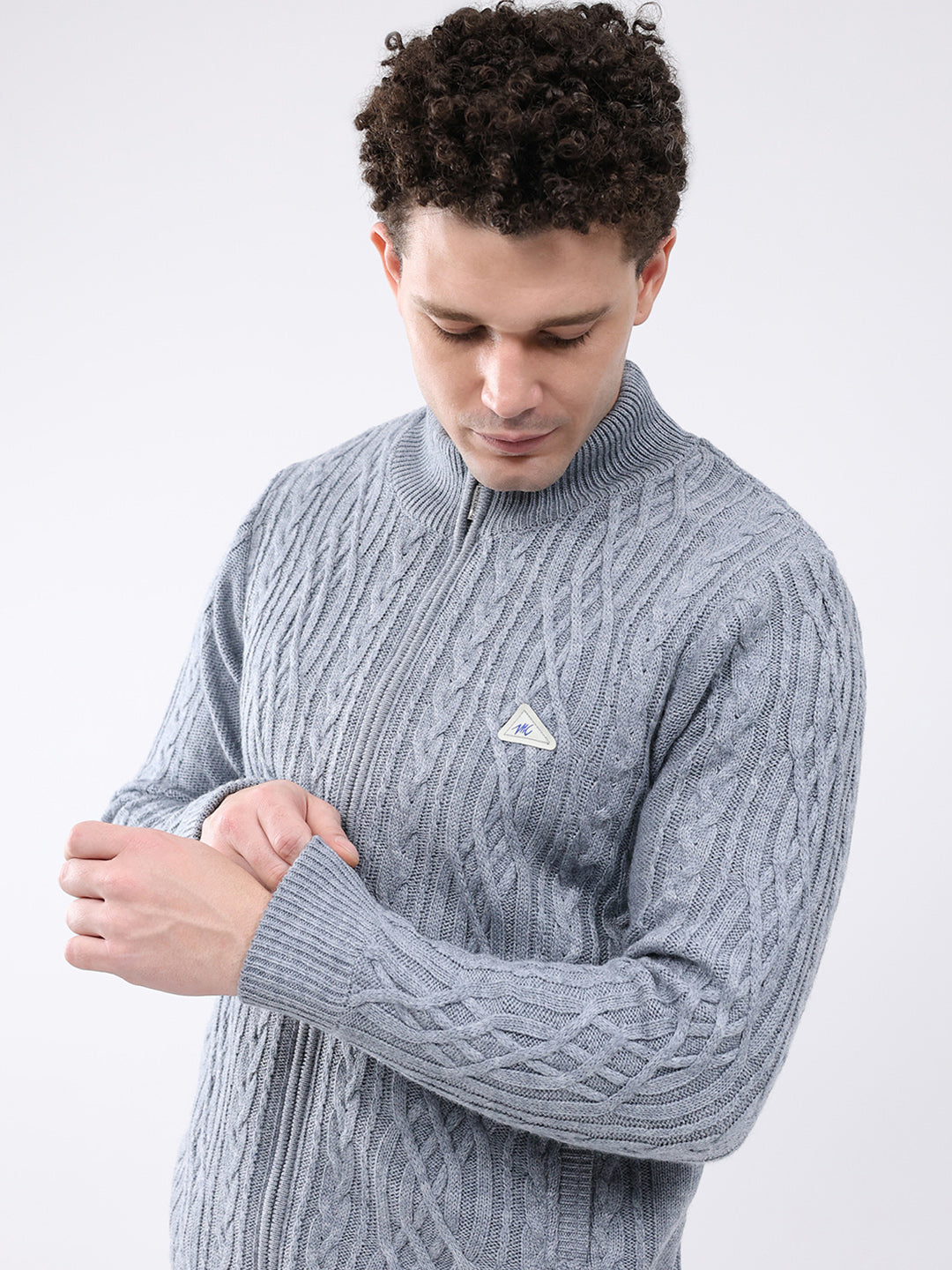 Men Grey Self Design Mock Neck Full Sleeve Jacket