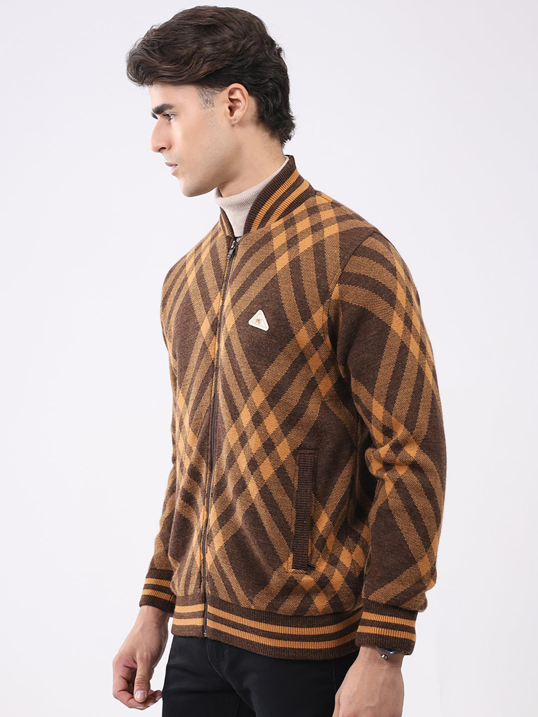 Men Brown Printed T Neck Full Sleeve Jacket