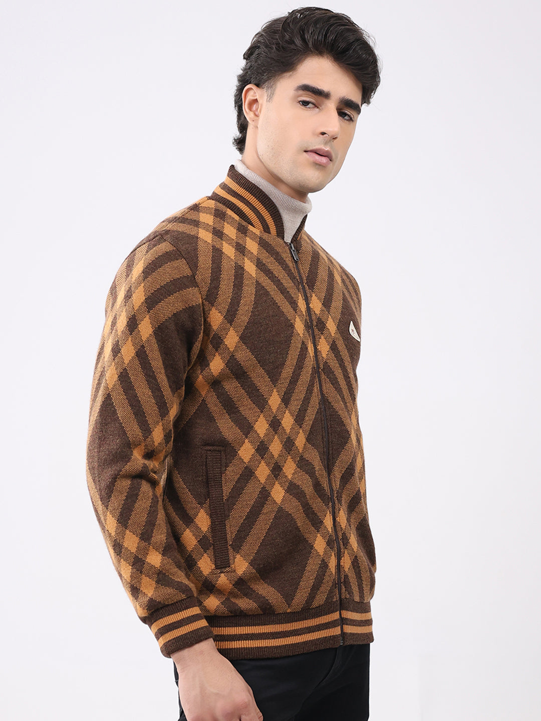 Men Brown Printed T Neck Full Sleeve Jacket