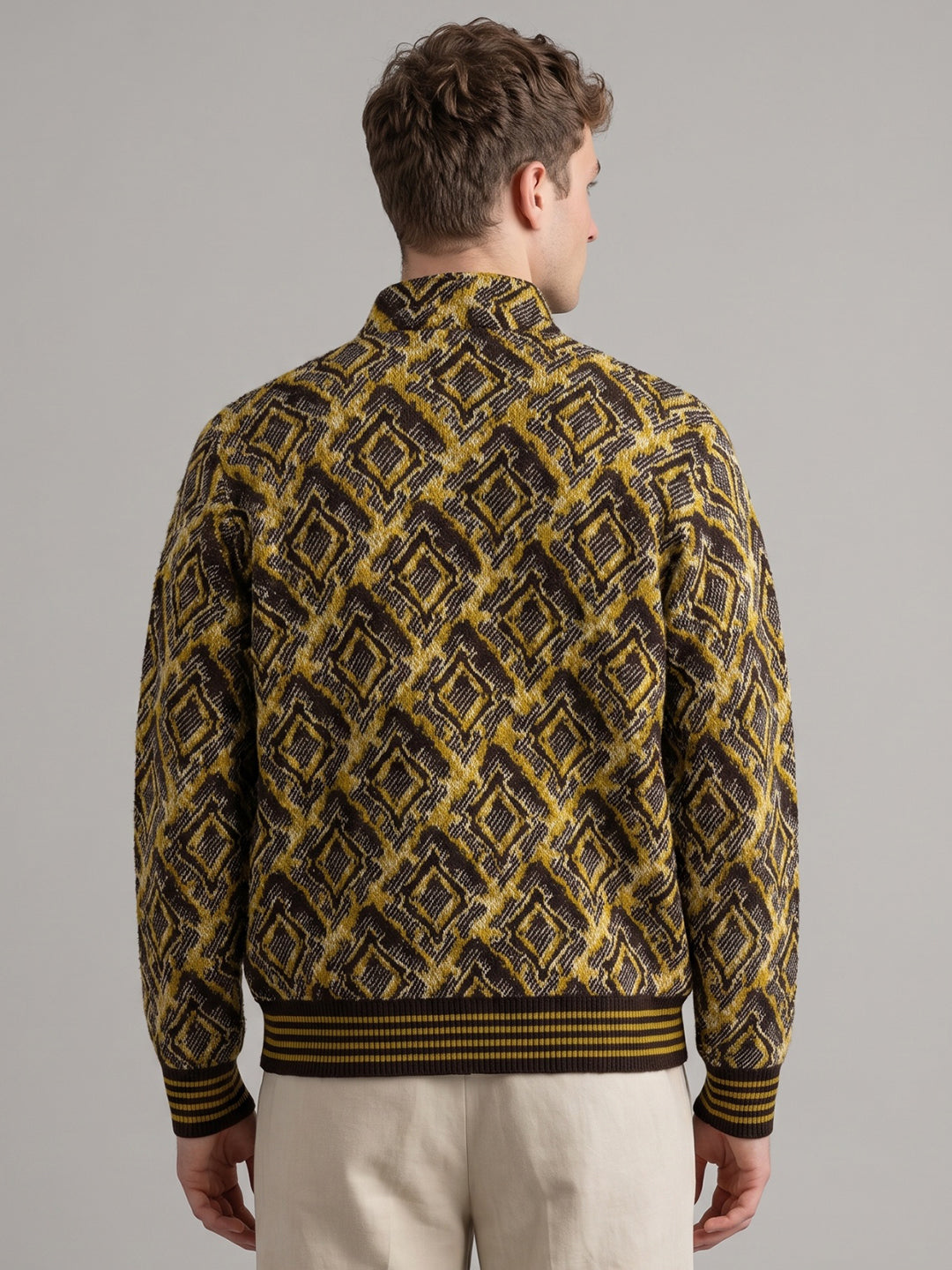 Men Mustard Jacquard Turtle Neck Full Sleeve Jacket