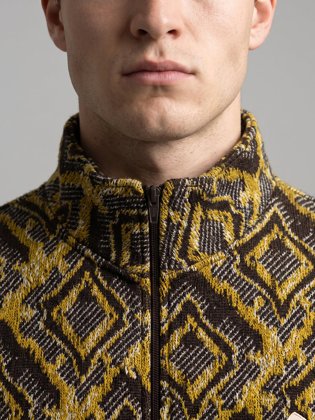 Men Mustard Jacquard Turtle Neck Full Sleeve Jacket