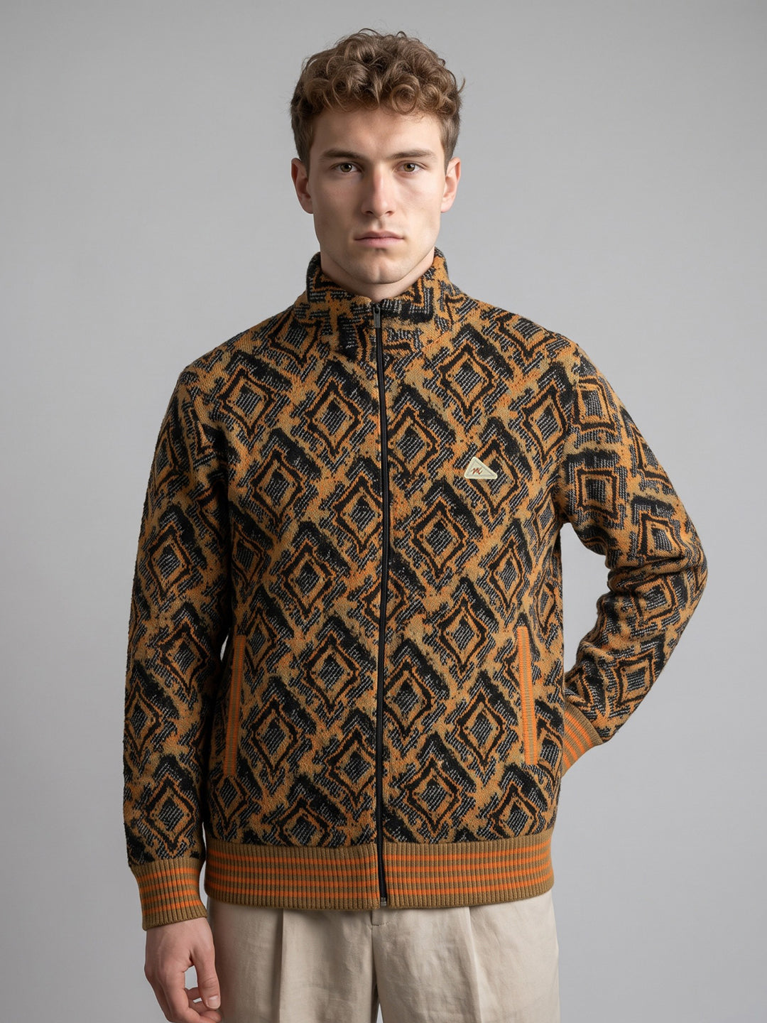 Men Orange Jacquard Turtle Neck Full Sleeve Jacket