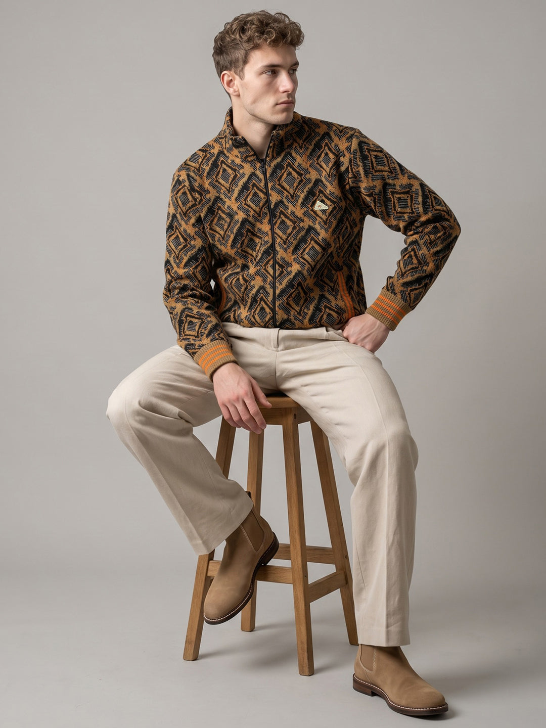 Men Orange Jacquard Turtle Neck Full Sleeve Jacket
