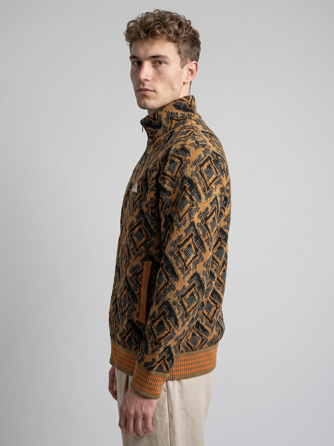 Men Orange Jacquard Turtle Neck Full Sleeve Jacket