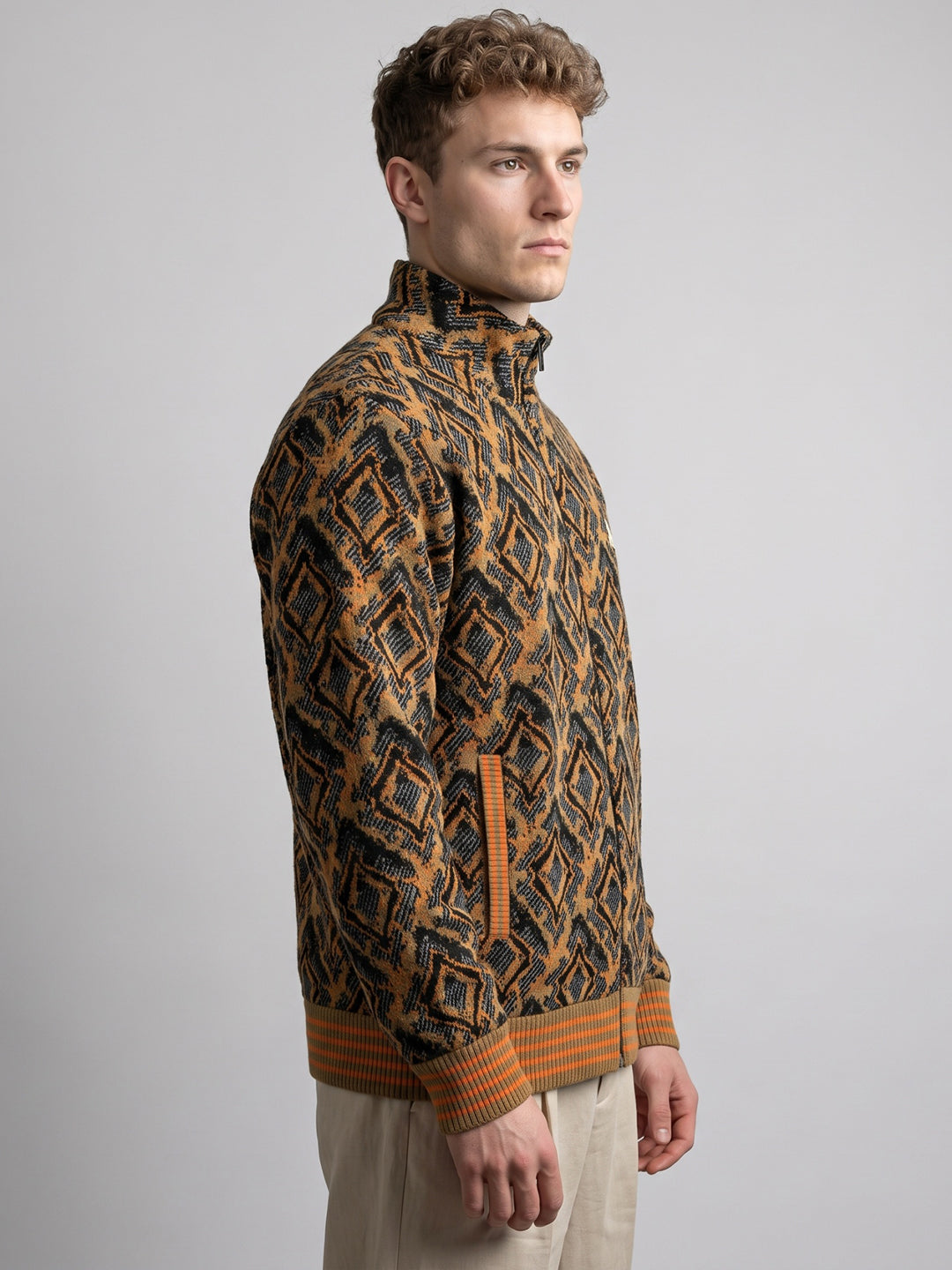 Men Orange Jacquard Turtle Neck Full Sleeve Jacket