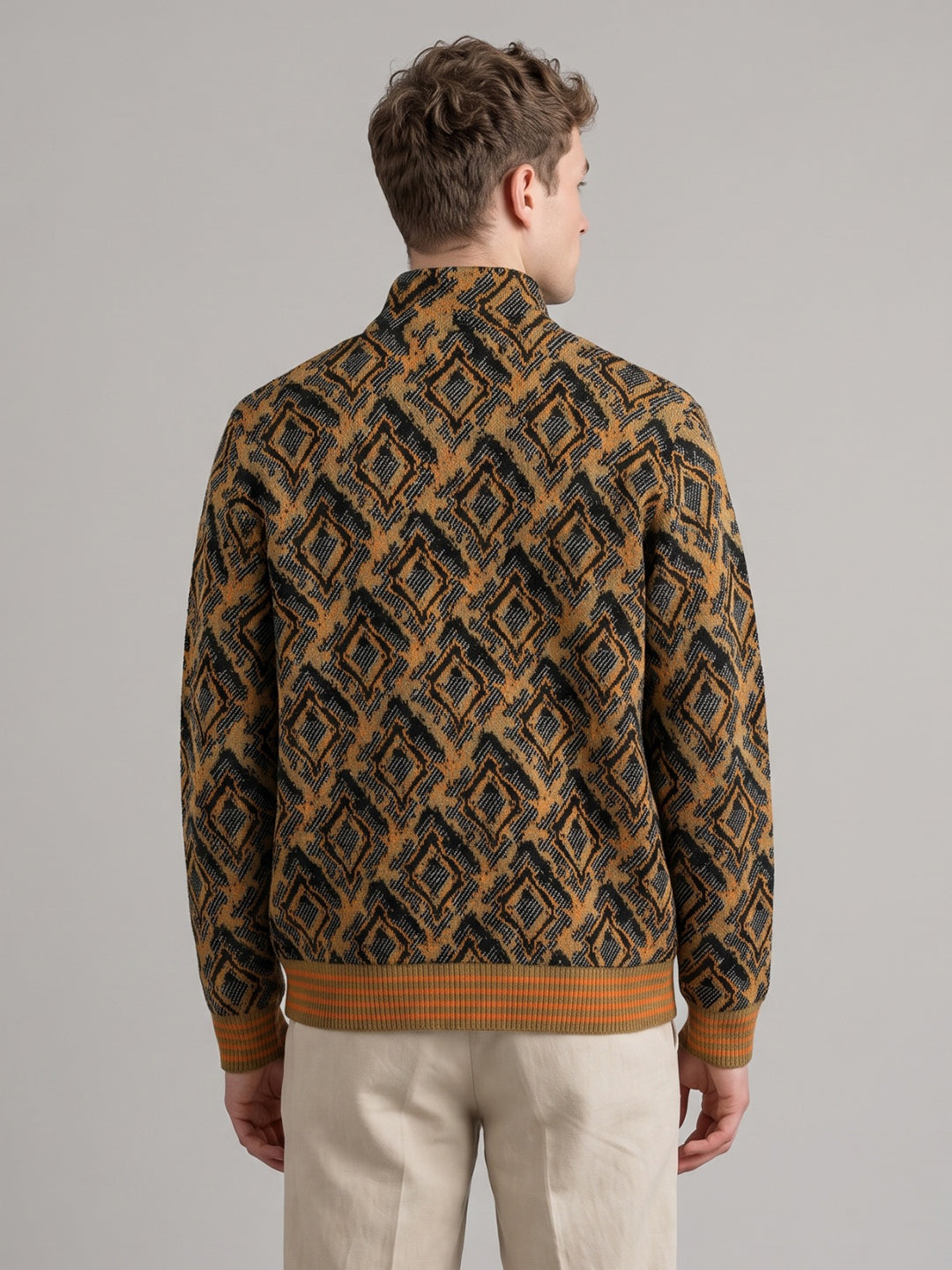 Men Orange Jacquard Turtle Neck Full Sleeve Jacket