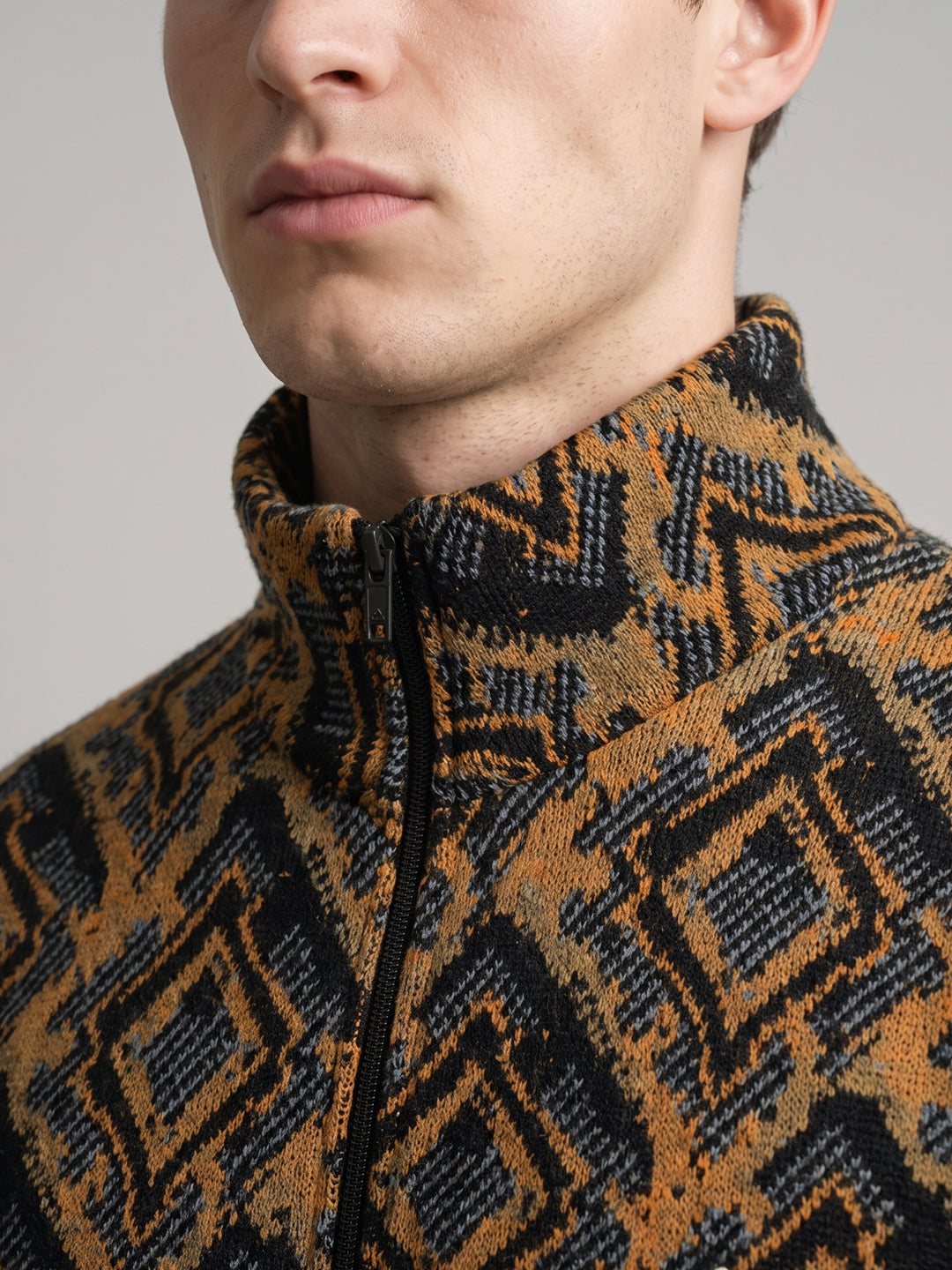 Men Orange Jacquard Turtle Neck Full Sleeve Jacket