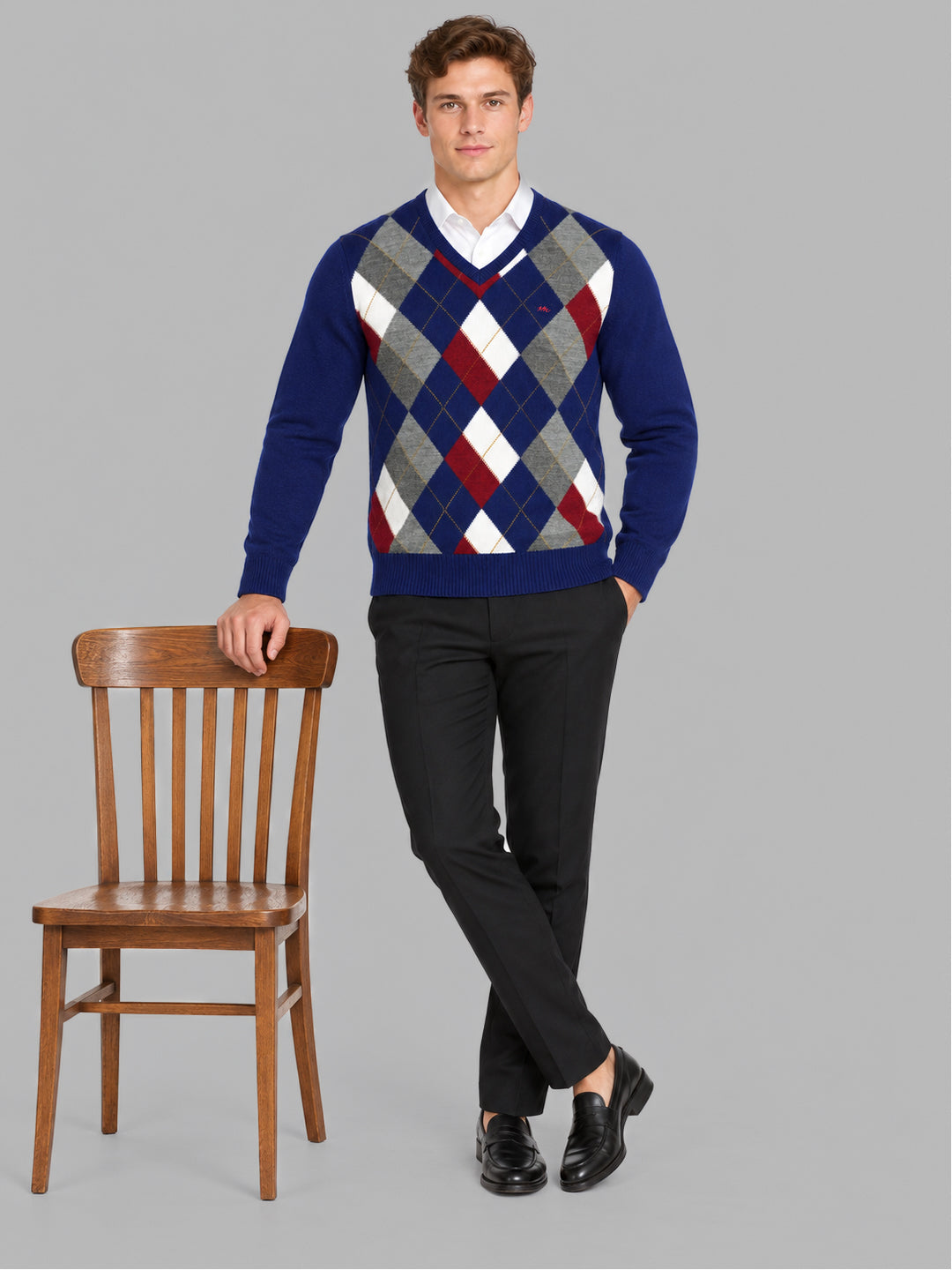 Men Blue Printed V Neck Full Sleeve Pullover