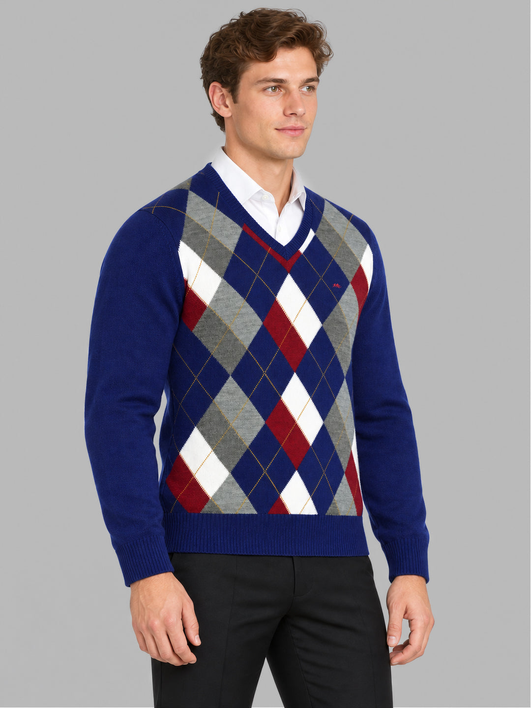 Men Blue Printed V Neck Full Sleeve Pullover