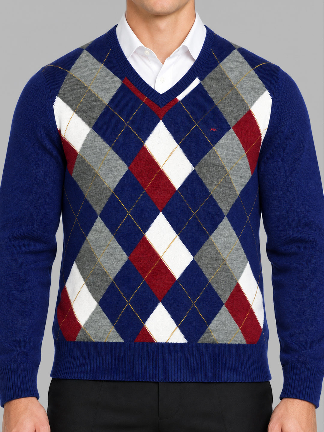 Men Blue Printed V Neck Full Sleeve Pullover