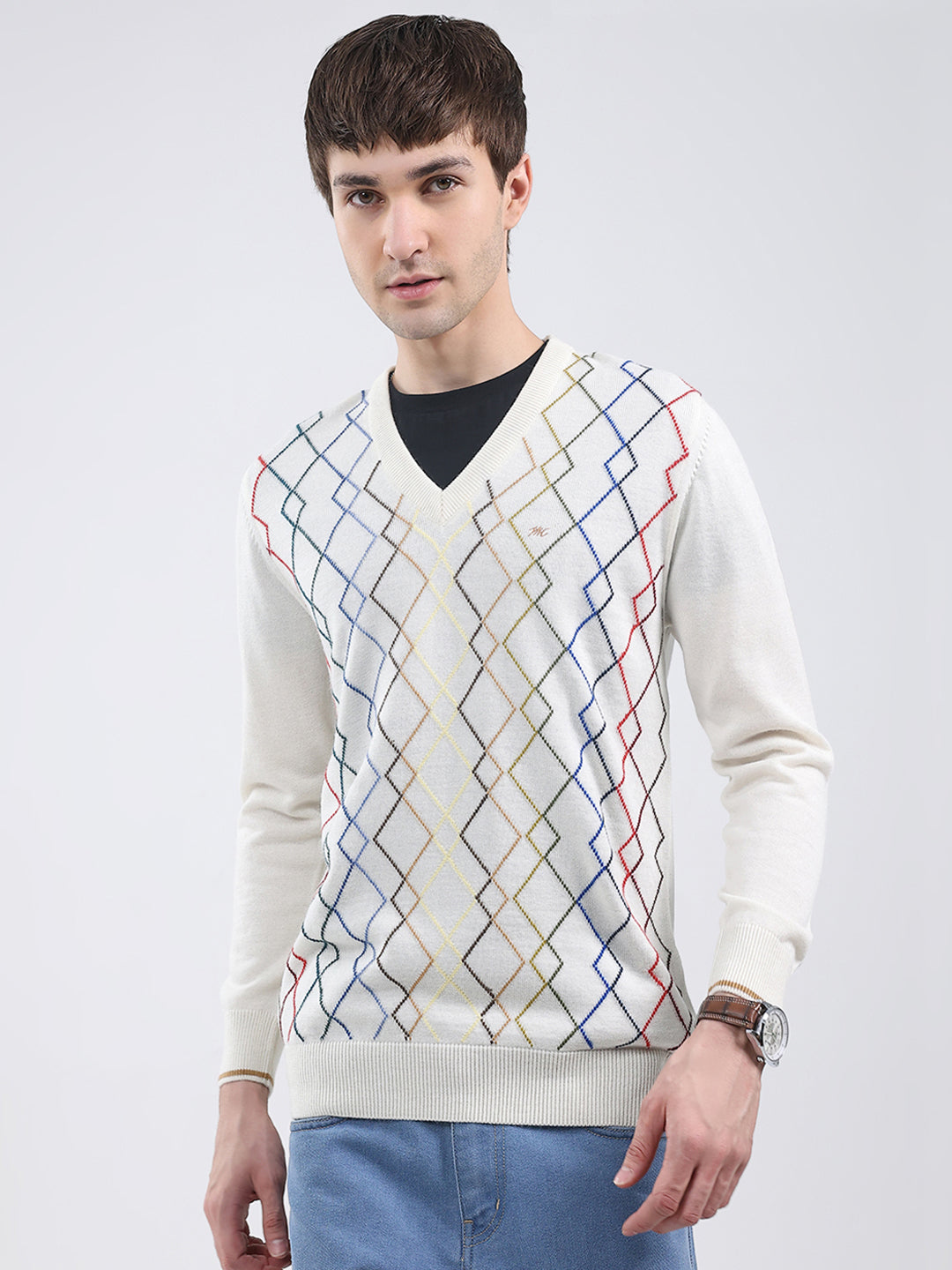 Men White Self Design V Neck Full Sleeve Pullover