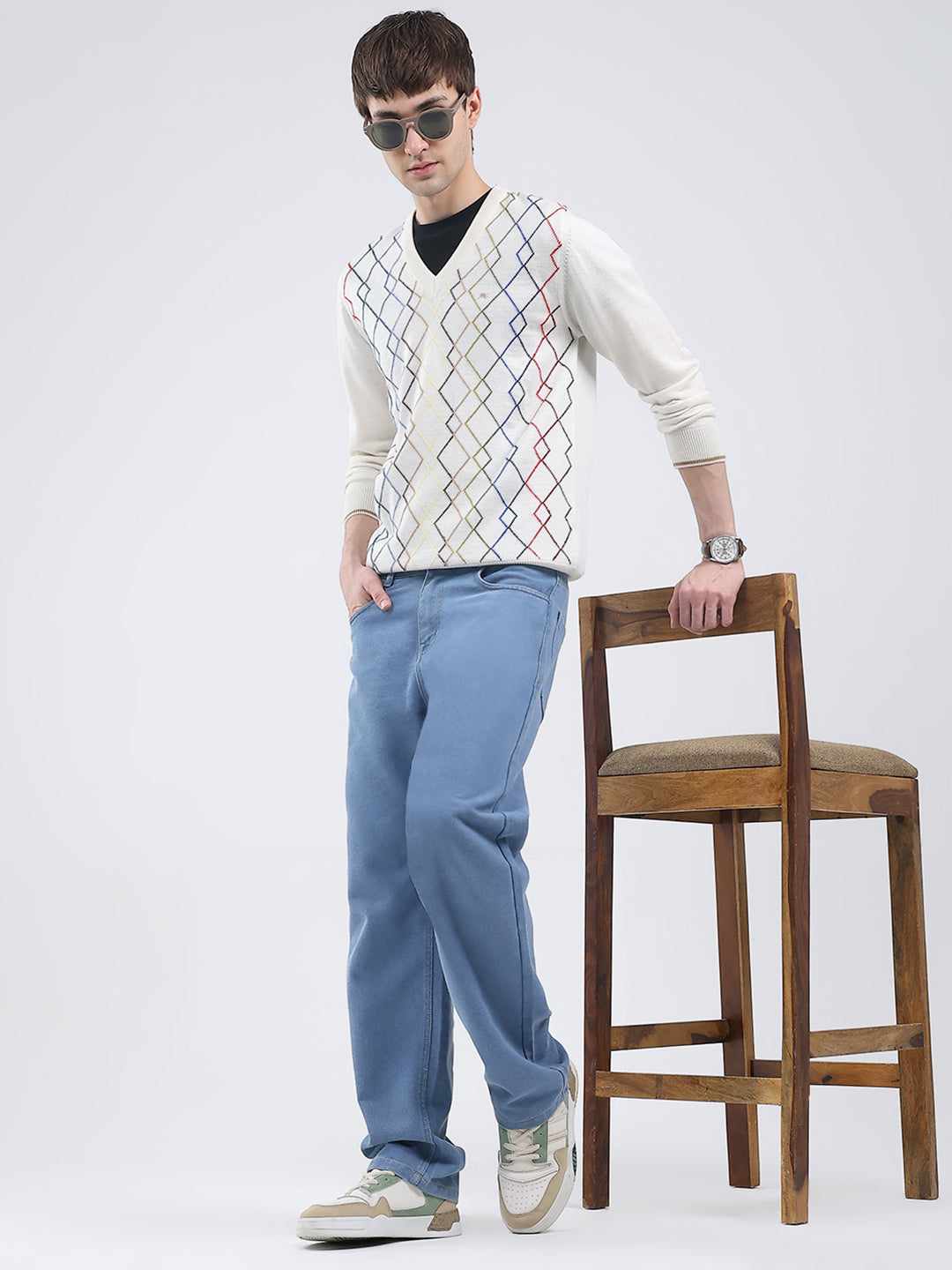 Men White Self Design V Neck Full Sleeve Pullover