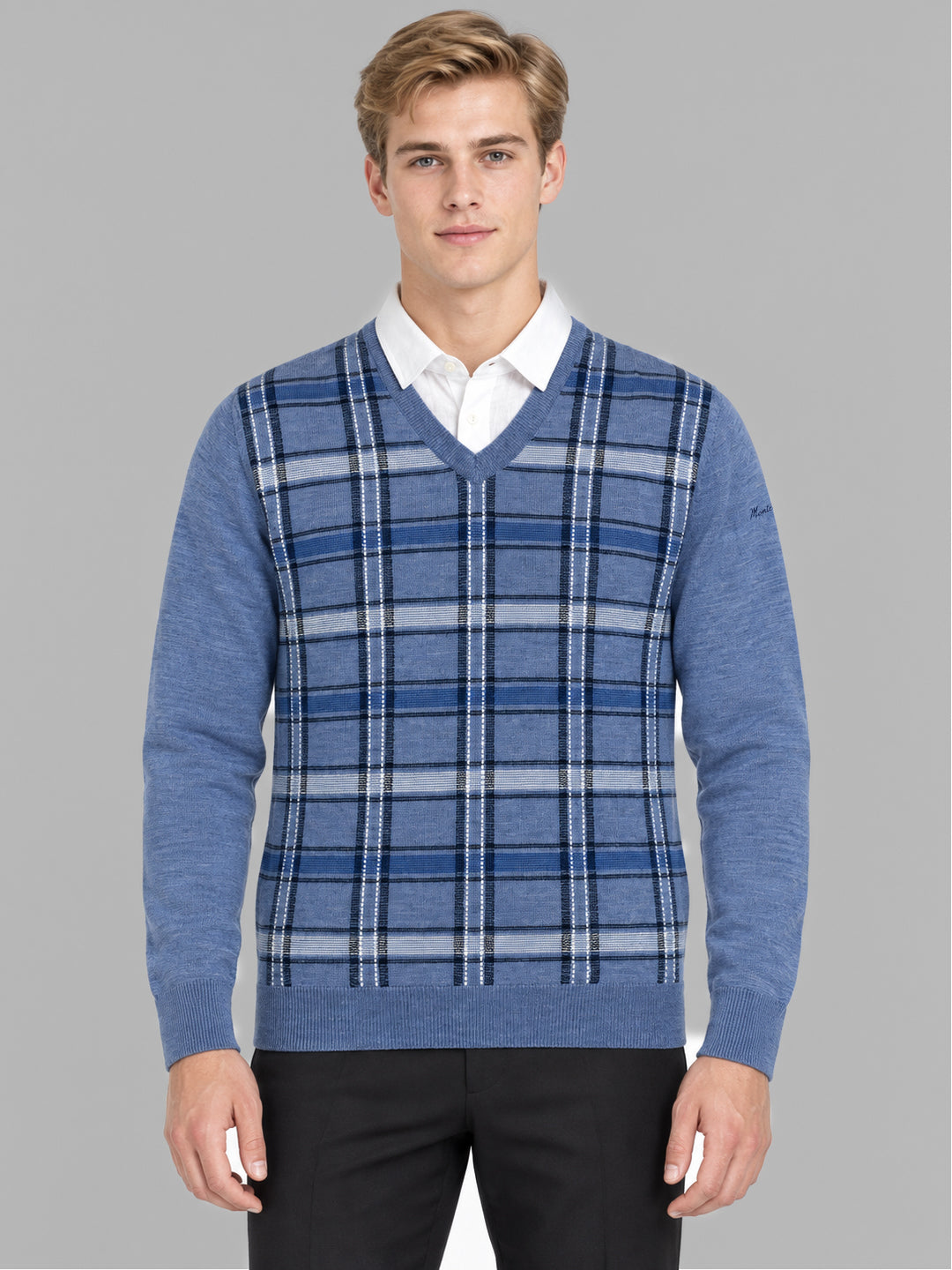 Men Brown Jacquard V Neck Full Sleeve Pullover